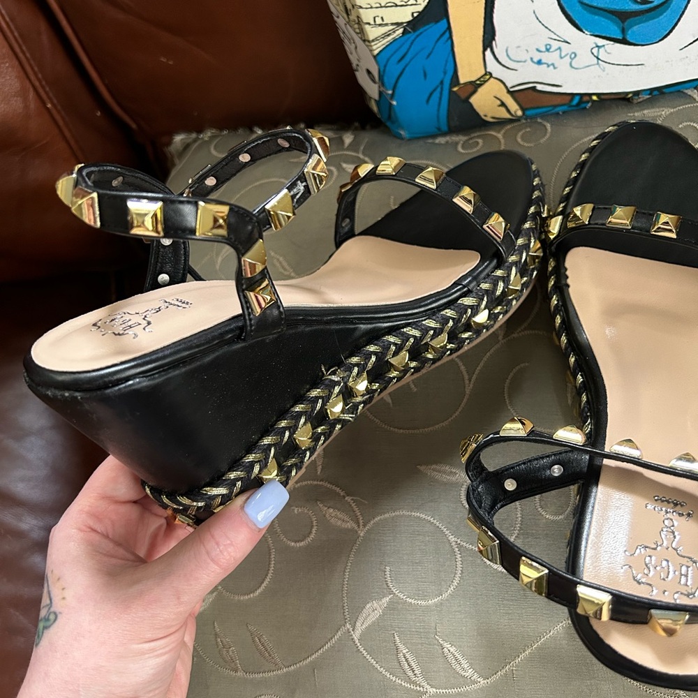 Black and Gold Wedge Sandals